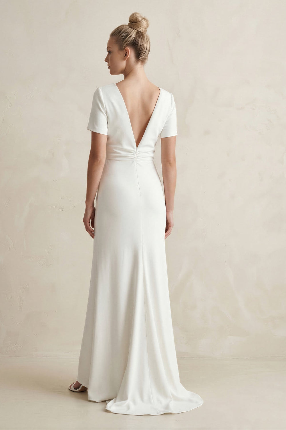 Round Neck Sheath Satin Short Sleeve Wedding Dress in White - KissProm Wedding Dresses