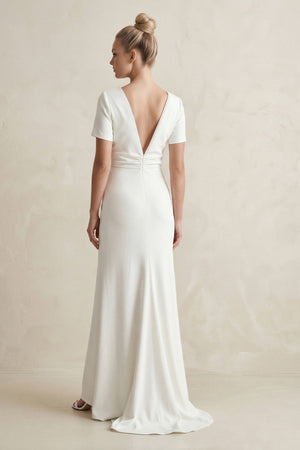 Round Neck Sheath Satin Short Sleeve Wedding Dress in White - KissProm Wedding Dresses