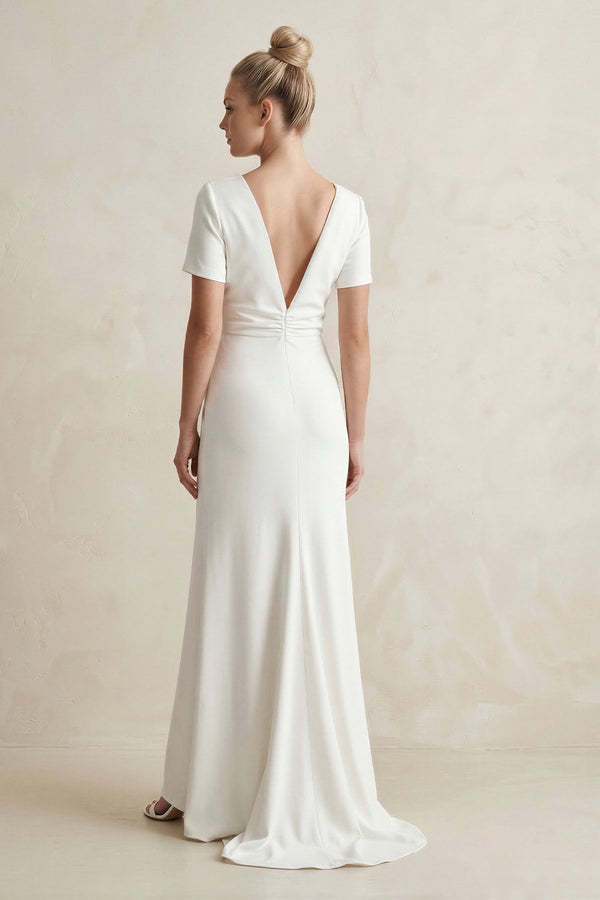 Round Neck Sheath Satin Short Sleeve Wedding Dress in White - KissProm Wedding Dresses