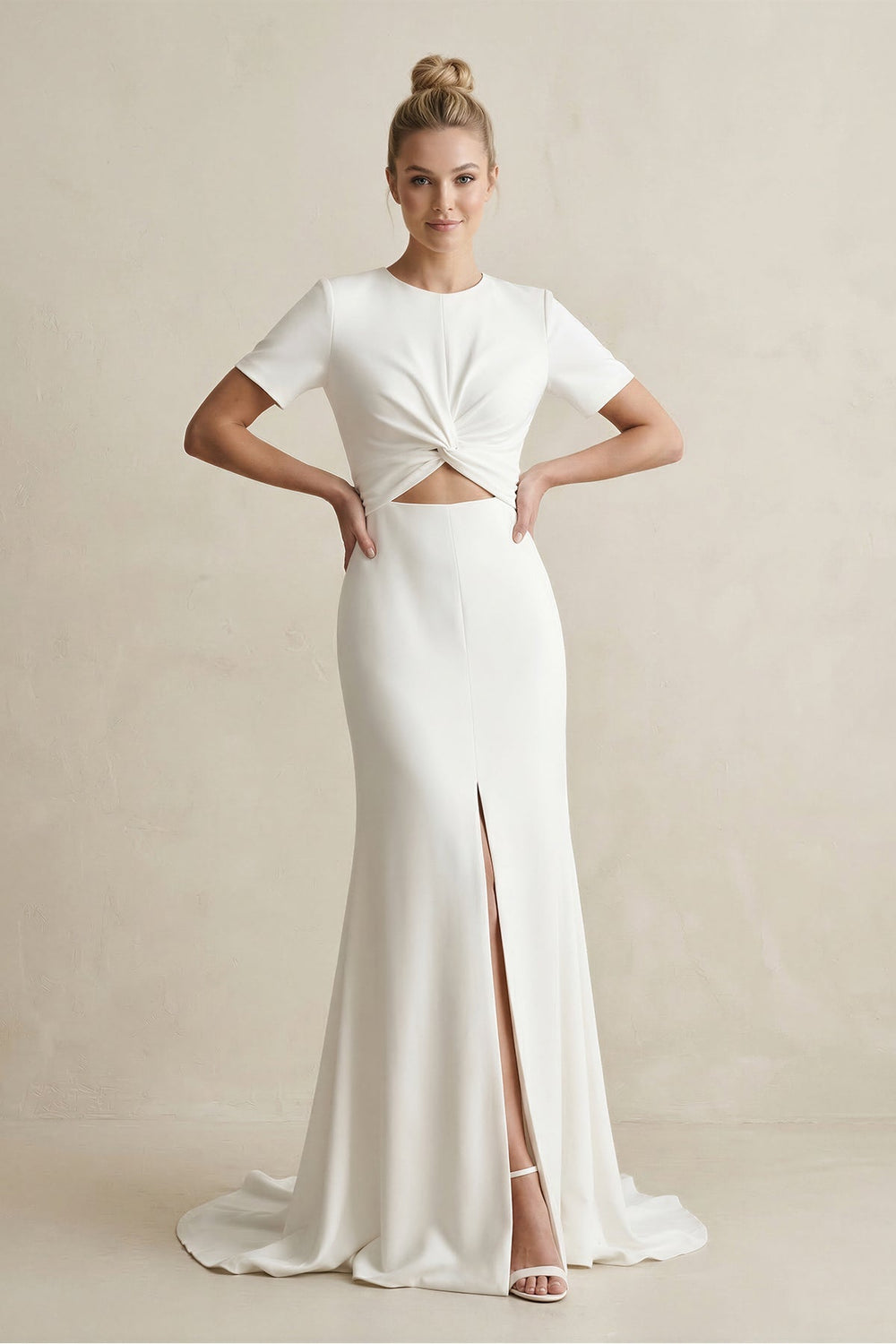 Round Neck Sheath Satin Short Sleeve Wedding Dress in White - KissProm Wedding Dresses