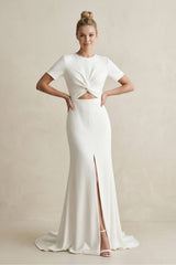 Round Neck Sheath Satin Short Sleeve Wedding Dress in White - KissProm Wedding Dresses