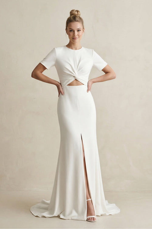 Round Neck Sheath Satin Short Sleeve Wedding Dress in White - KissProm Wedding Dresses