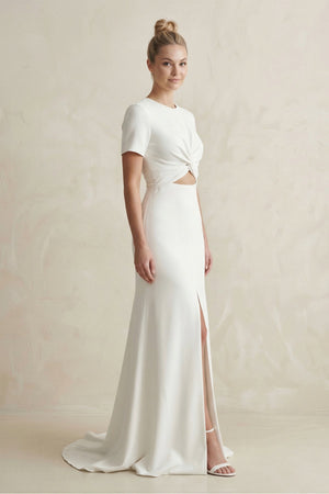 Round Neck Sheath Satin Short Sleeve Wedding Dress in White - KissProm Wedding Dresses