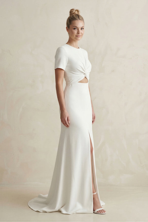 Round Neck Sheath Satin Short Sleeve Wedding Dress in White - KissProm Wedding Dresses