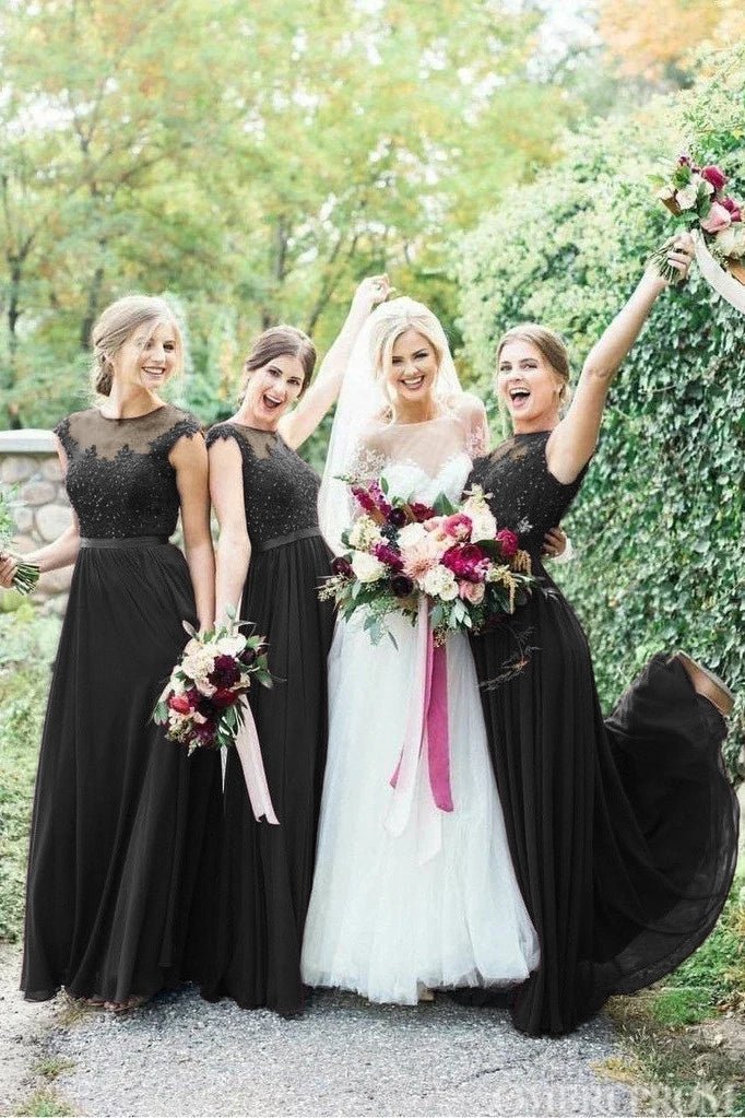 Round Neck Tulle Floor Length Burgundy Bridesmaid Dress