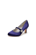 Round Toe Crystal Buckle Strap Chunky Heels - KissProm
