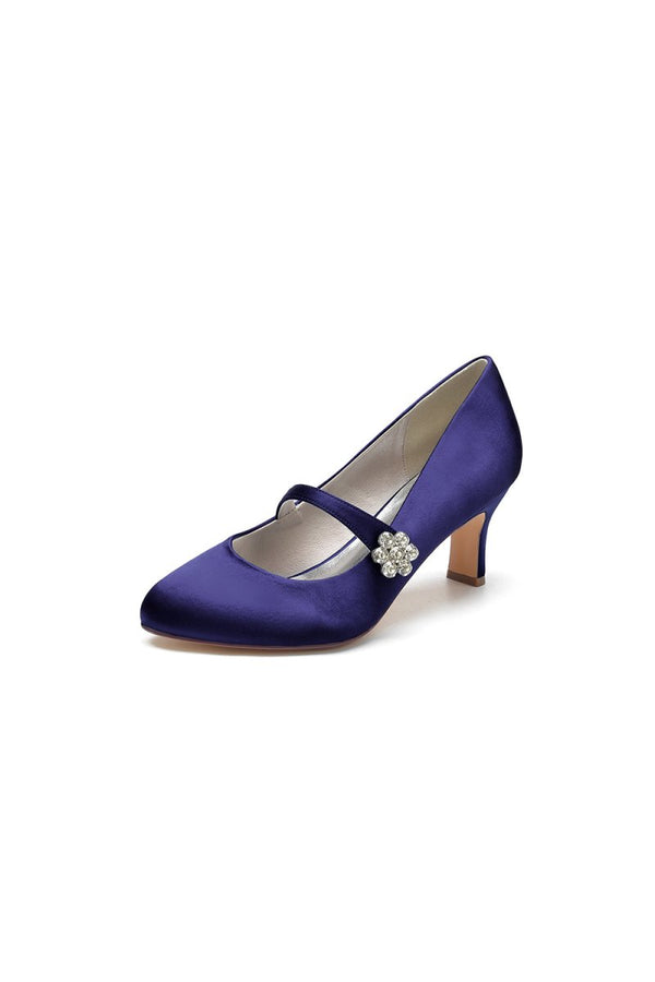 Round Toe Crystal Buckle Strap Chunky Heels - KissProm