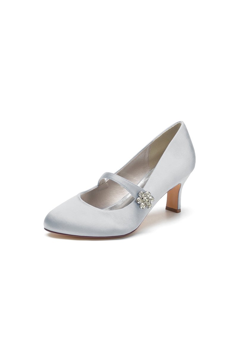 Round Toe Crystal Buckle Strap Chunky Heels