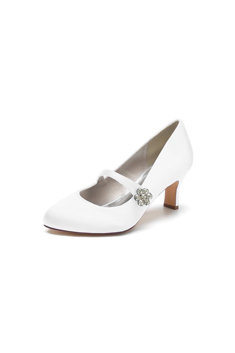 Round Toe Crystal Buckle Strap Chunky Heels