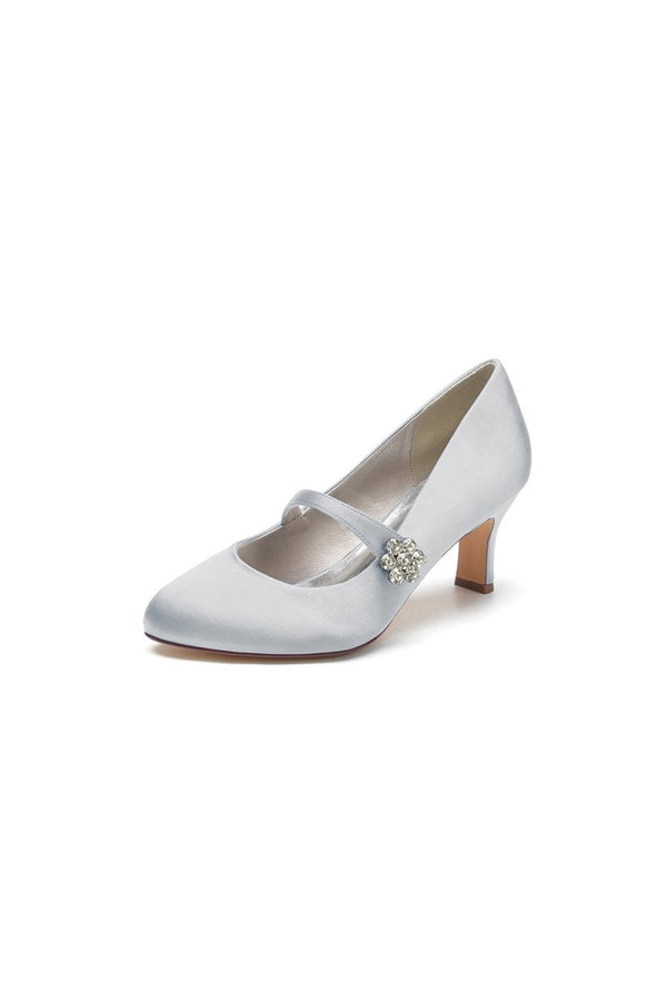 Round Toe Crystal Buckle Strap Chunky Heels - KissProm