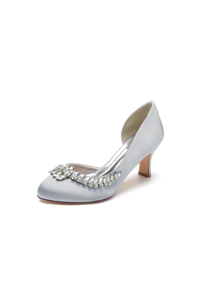 Round Toe Crystal Leaf Chunky Heels - KissProm