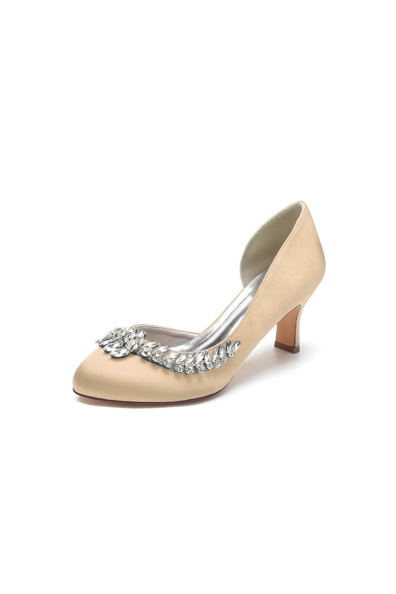 Round Toe Crystal Leaf Chunky Heels - KissProm