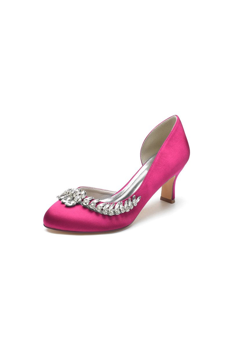 Round Toe Crystal Leaf Chunky Heels - KissProm