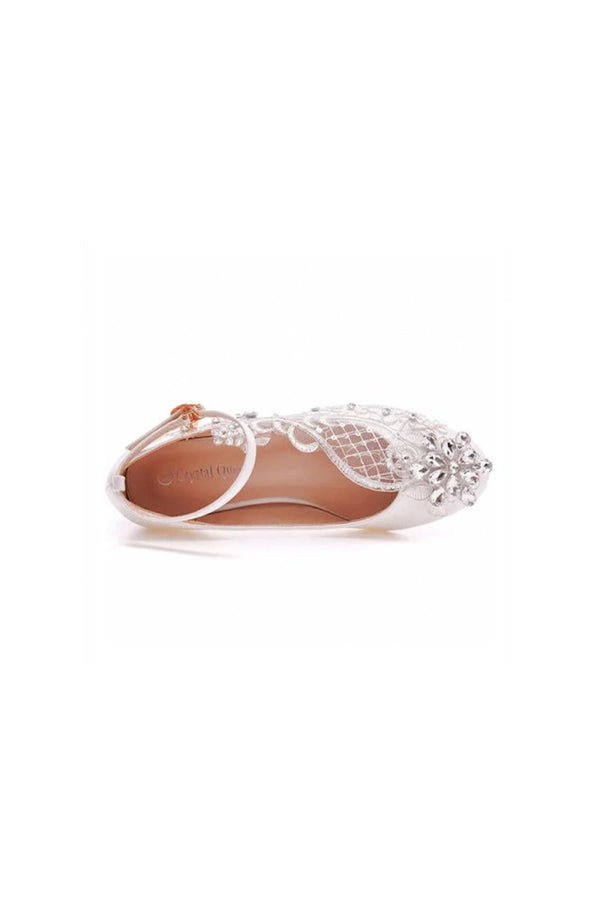 Round Toe Lace Rhinestones Ankle Strap Chunky Heel Wedding Shoes - KissProm