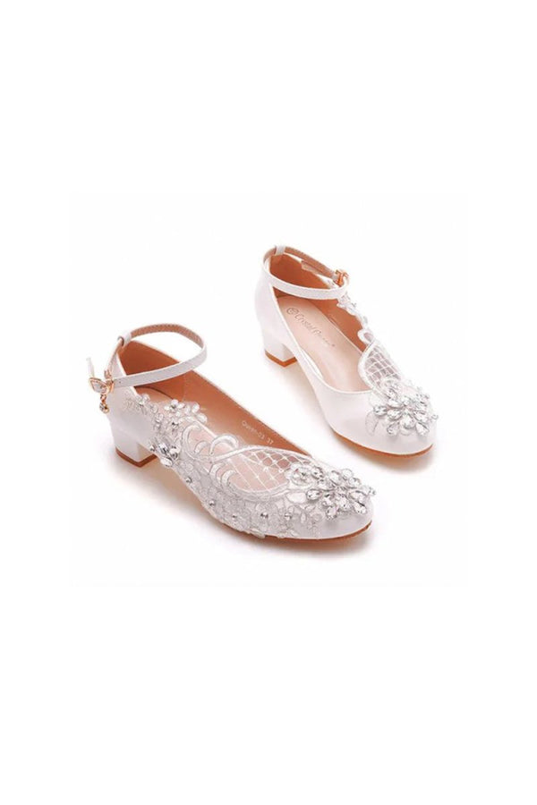 Round Toe Lace Rhinestones Ankle Strap Chunky Heel Wedding Shoes - KissProm