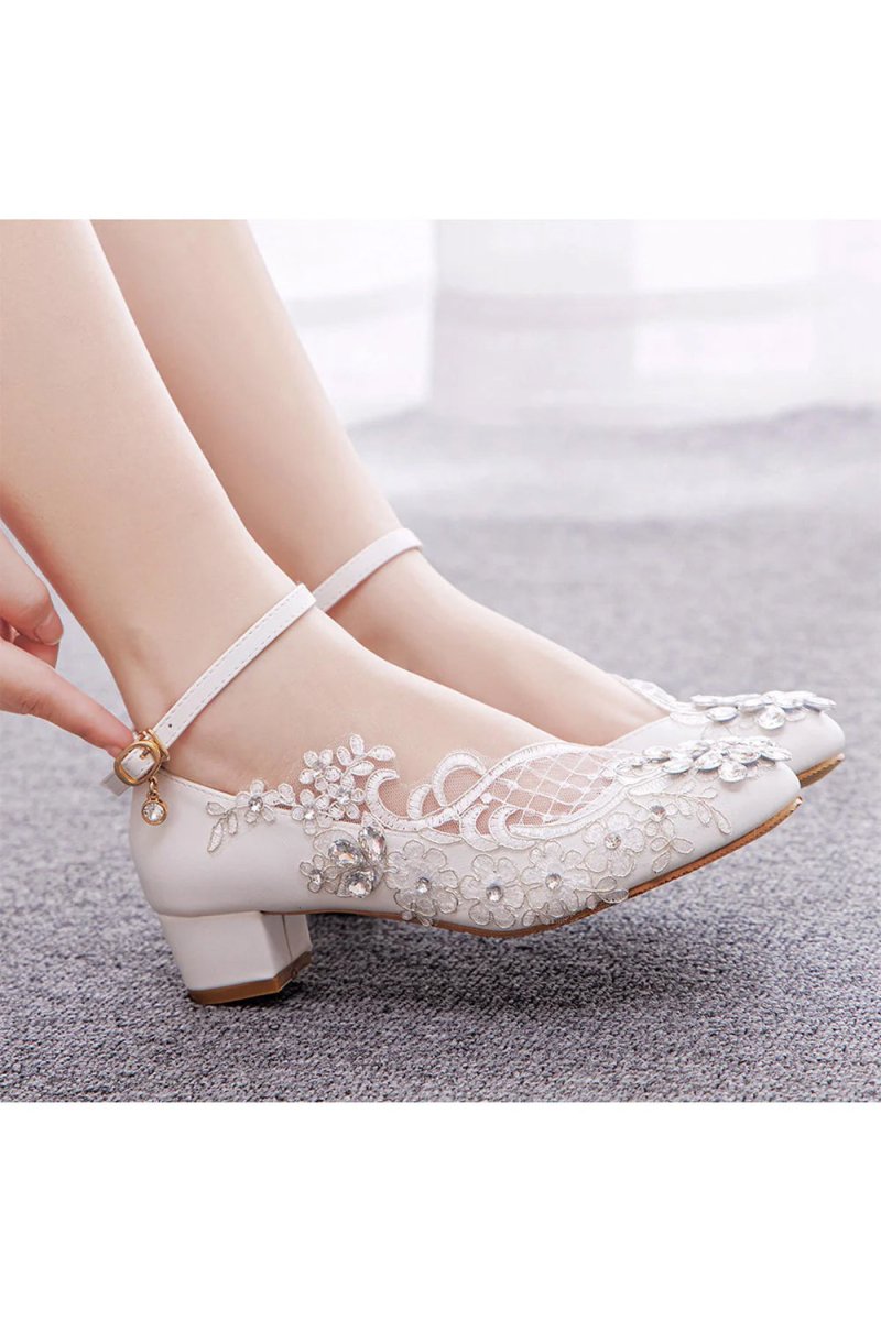 Round Toe Lace Rhinestones Ankle Strap Chunky Heel Wedding Shoes - KissProm