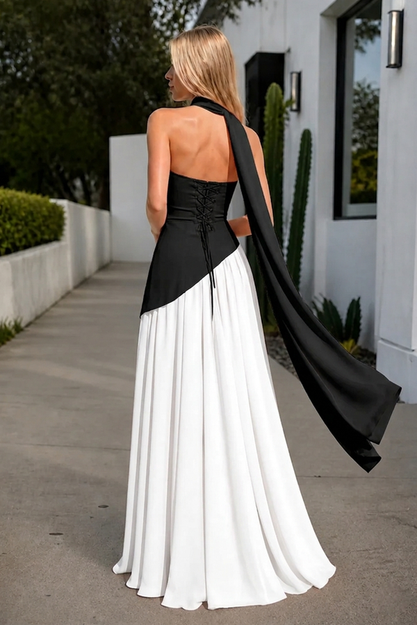 Black-White Strapless Sheath Chiffon Long Prom Dresses With Slit-KissProm