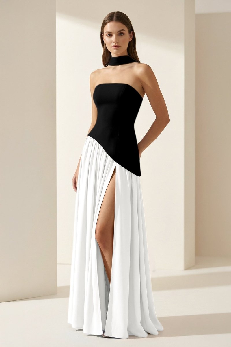 Roxanne | Pink - Strapless Sheath Chiffon Long Prom Dresses With Slit - KissProm