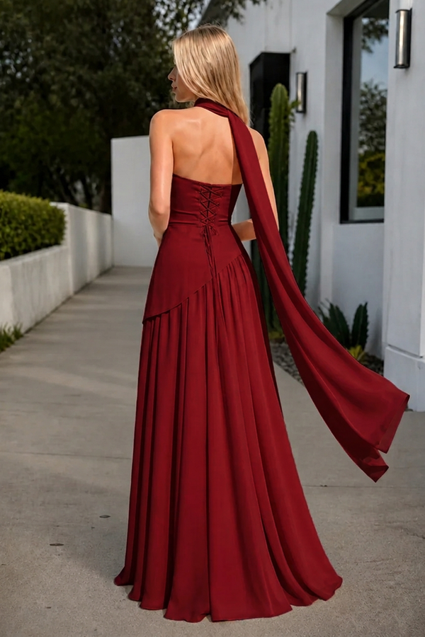 Burgundy Strapless Sheath Chiffon Long Prom Dresses With Slit-KissProm