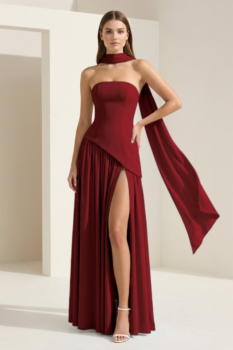 Roxanne | Pink - Strapless Sheath Chiffon Long Prom Dresses With Slit - KissProm