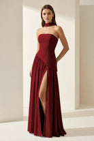 Roxanne | Pink - Strapless Sheath Chiffon Long Prom Dresses With Slit - KissProm