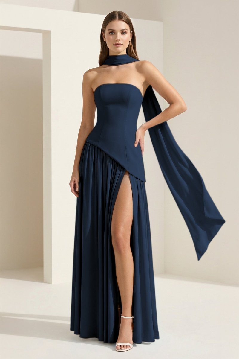 Roxanne | Pink - Strapless Sheath Chiffon Long Prom Dresses With Slit - KissProm