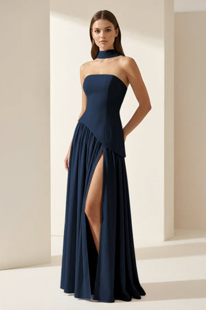 Pink - Strapless Sheath Chiffon Long Prom Dresses With Slit – Prom Dress by KissProm | Available at KissProm