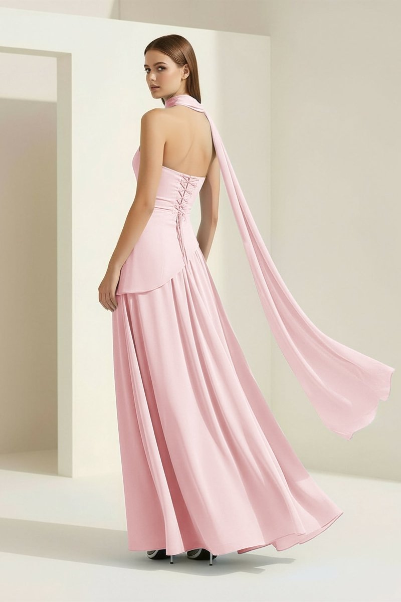 Roxanne | Pink - Strapless Sheath Chiffon Long Prom Dresses With Slit - KissProm