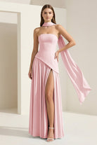 Roxanne | Pink - Strapless Sheath Chiffon Long Prom Dresses With Slit - KissProm