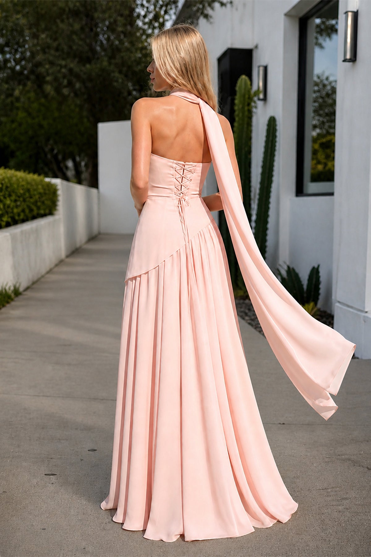 Pink - Strapless Sheath Chiffon Long Prom Dresses With Slit