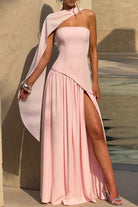Roxanne | Pink - Strapless Sheath Chiffon Long Prom Dresses With Slit - KissProm
