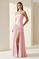 Roxanne | Pink - Strapless Sheath Chiffon Long Prom Dresses With Slit - KissProm