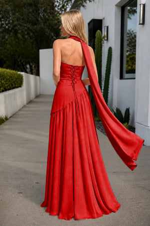 Red Strapless Sheath Chiffon Long Prom Dresses With Slit-KissProm