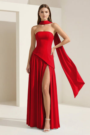 Roxanne | Pink - Strapless Sheath Chiffon Long Prom Dresses With Slit - KissProm