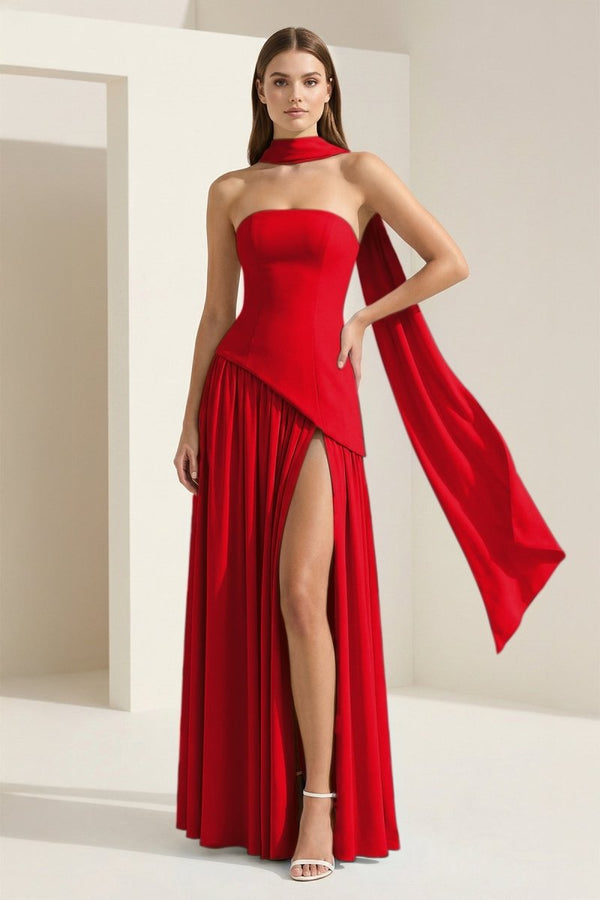 Roxanne | Pink - Strapless Sheath Chiffon Long Prom Dresses With Slit - KissProm