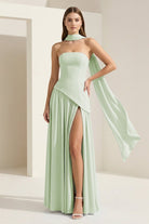 Roxanne | Pink - Strapless Sheath Chiffon Long Prom Dresses With Slit - KissProm