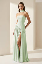 Roxanne | Pink - Strapless Sheath Chiffon Long Prom Dresses With Slit - KissProm