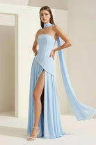 Roxanne | Sky Blue - Strapless Sheath Chiffon Long Prom Dresses With Slit - KissProm