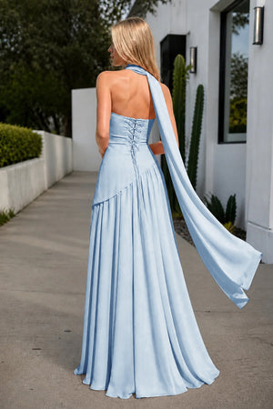 Sky Blue Strapless Sheath Chiffon Long Prom Dresses With Slit-KissProm