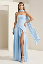 Roxanne | Sky Blue - Strapless Sheath Chiffon Long Prom Dresses With Slit - KissProm