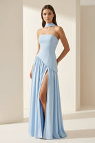 Roxanne | Sky Blue - Strapless Sheath Chiffon Long Prom Dresses With Slit - KissProm