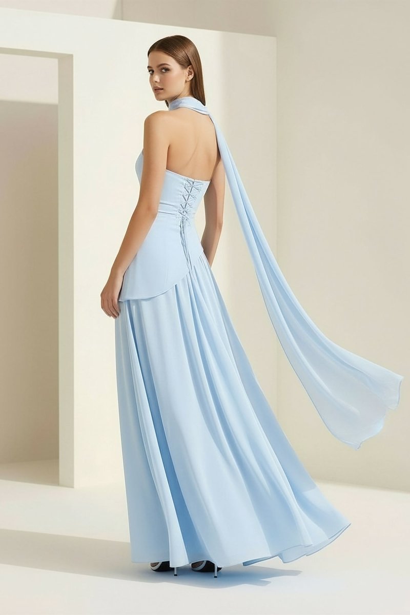 Roxanne | Sky Blue - Strapless Sheath Chiffon Long Prom Dresses With Slit - KissProm