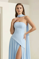 Roxanne | Sky Blue - Strapless Sheath Chiffon Long Prom Dresses With Slit - KissProm