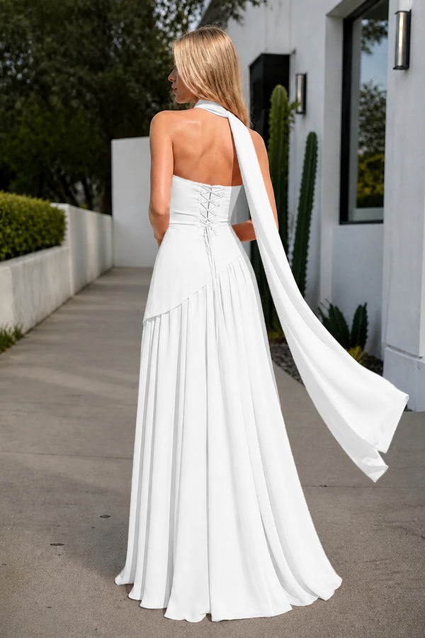 White Strapless Sheath Chiffon Long Prom Dresses With Slit-KissProm