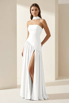 Roxanne | Pink - Strapless Sheath Chiffon Long Prom Dresses With Slit - KissProm