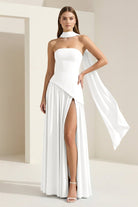 Roxanne | Pink - Strapless Sheath Chiffon Long Prom Dresses With Slit - KissProm