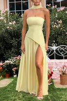 KissProm-Roxanne Yellow Strapless Sheath Chiffon Long Prom Dresses With Slit
