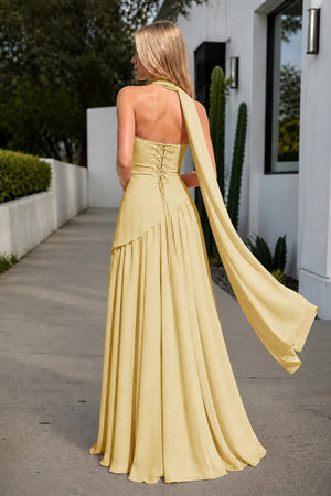 Yellow Strapless Sheath Chiffon Long Prom Dresses With Slit-KissProm