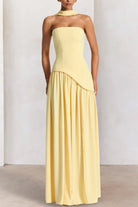 KissProm-Roxanne Yellow Strapless Sheath Chiffon Long Prom Dresses With Slit