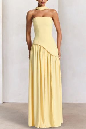 KissProm-Roxanne Yellow Strapless Sheath Chiffon Long Prom Dresses With Slit
